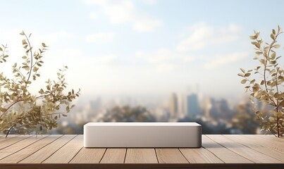 Empty wooden podium for display or product showcase with blurry background and nature scene - obrazy, fototapety, plakaty