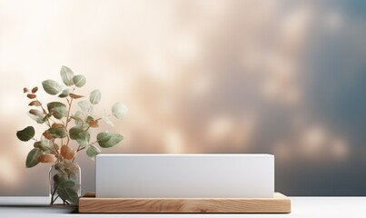 Empty wooden podium for display or product showcase with blurry background and nature scene