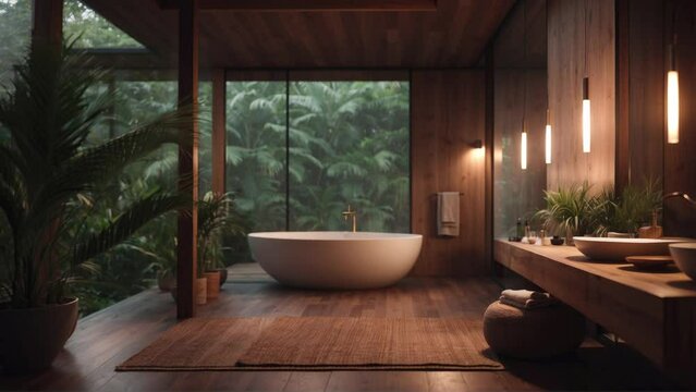 A luxurious wooden bathroom bathed in soft lighting features a sleek white freestanding bathtub. rain in windows showcasing rainforest. Animated virtual background, stream overlay loop wallpaper