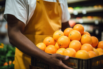 African American supermarket worker holding oranges box