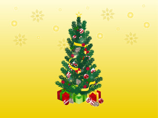 背景がゴールドのクリスマスツリーとクリスマスプレゼントのデザイン