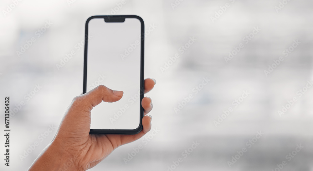 Aufkleber person hands, phone screen and mockup on social media, online scroll and web 3.0 ui or ux design spa