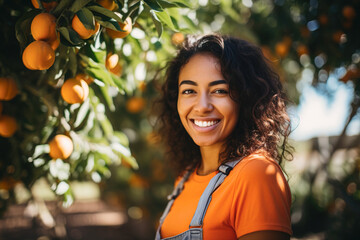 Cheerful Latina working at orange orchard for harvesting season and smiling at camera - obrazy, fototapety, plakaty