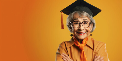 portrait of a hispanic senior woman wearing graduation gown and cap; mature latin female student university graduated smiling to camera; studio shot on a yellow background with copy space for text