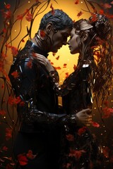 Obraz premium An illustration of two lovers embracing in a creepy woodland setting. Generative AI. 