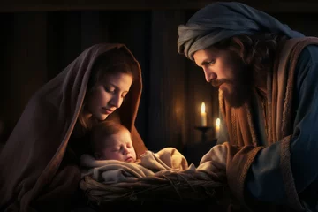 Foto op Canvas The Holy Family, with Mary, Joseph, and the newborn Jesus in the manger, emphasizing the essence of the Christmas story. Generative Ai © bluebeat76