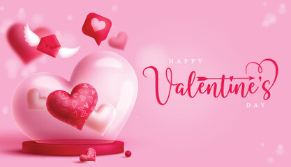 Happy valentine's heart glass vector design. Valentine's day greeting text with heart crystal transparent for holiday season celebration decoration. Vector illustration heart's day invitation card.
