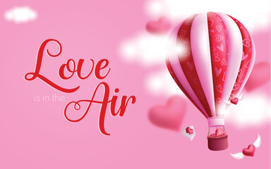 Valentine's air balloon vector design. Love is in the air greeting text with hot sir balloon floating and love letter flying in the sky background. Vector illustration hearts day invitation card.
