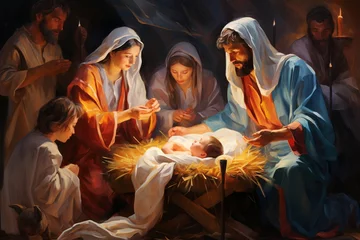 Fotobehang Jesus Birth in Bethlehem, A Timeless Miracle Depicting the Savior's Arrival in a Humble Manger, Bringing Hope and Salvation to the World © Simn