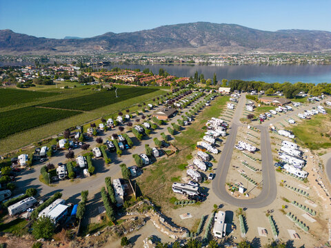 Osoyoos, British Columbia, Canada - September 8, 2023: Drone aerial view of Nk' mip rv park and campground in Osoyoos, British Columb
Aerial RV Park Campground Osoyoos Okanagan Valley British Columbia
