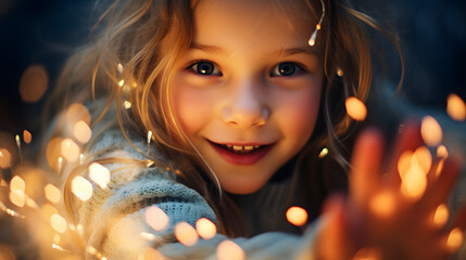 happy girl on christmas day with beautiful defocused background of shining christmas lights - obrazy, fototapety, plakaty