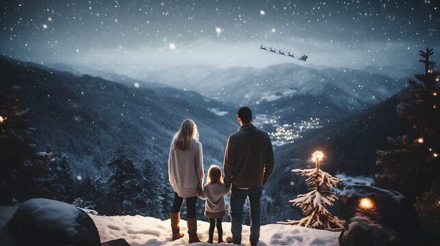 beautiful family on snowy Christmas night watching the arrival of Santa Claus - copy space