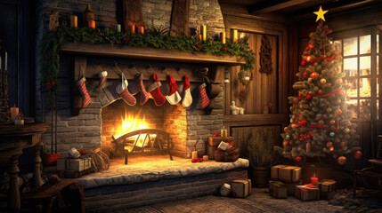 A cozy fireplace adorned with stockings and garlands, creating a warm holiday atmosphere.