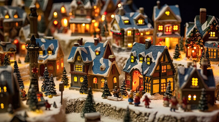 A Christmas village scene with miniature houses and lights.