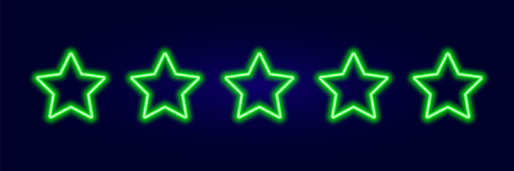 5 stars rating green neon glow on dark background vector. Glowing rank rates with laser led illumination for design