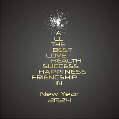 2024 eve All the best in New Year 2024 white typography golden shining Christmas tree word cloud text black background