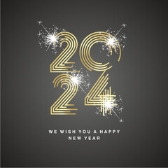 2024 Happy New Year modern new trendy golden pop line design typography abstract numbers white sparke firework logo icon black background vector - obrazy, fototapety, plakaty