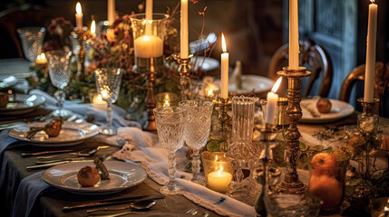 Fototapeta na wymiar A beautifully set dining table with candles and elegant tableware for a holiday feast.