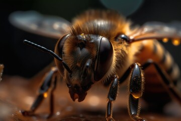 Macro shot of a bee on a piece of wood. Generative AI.