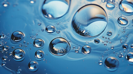 A close up of water droplets on a blue surface - obrazy, fototapety, plakaty
