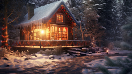 A cozy cabin in the woods with Christmas lights outside.