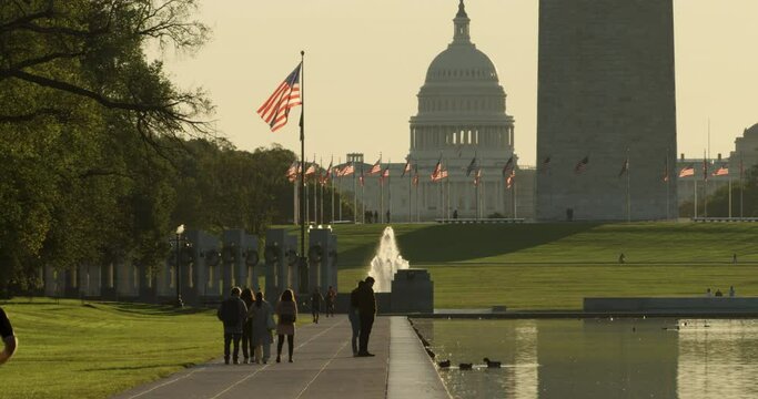 American Flag Waving in Slow Motion in Washington DC at Sunrise
