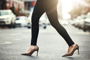 High heels, business and woman crossing the street closeup in a city on her commute to work. Feet,...