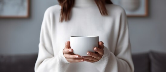 Cropped shot of woman holding cup of coffee in hands at home