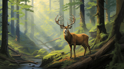 A painting of a deer standing in a forest