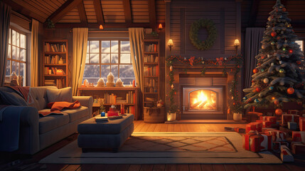 Fototapeta na wymiar A cozy living room with a lit fireplace and Christmas decorations.