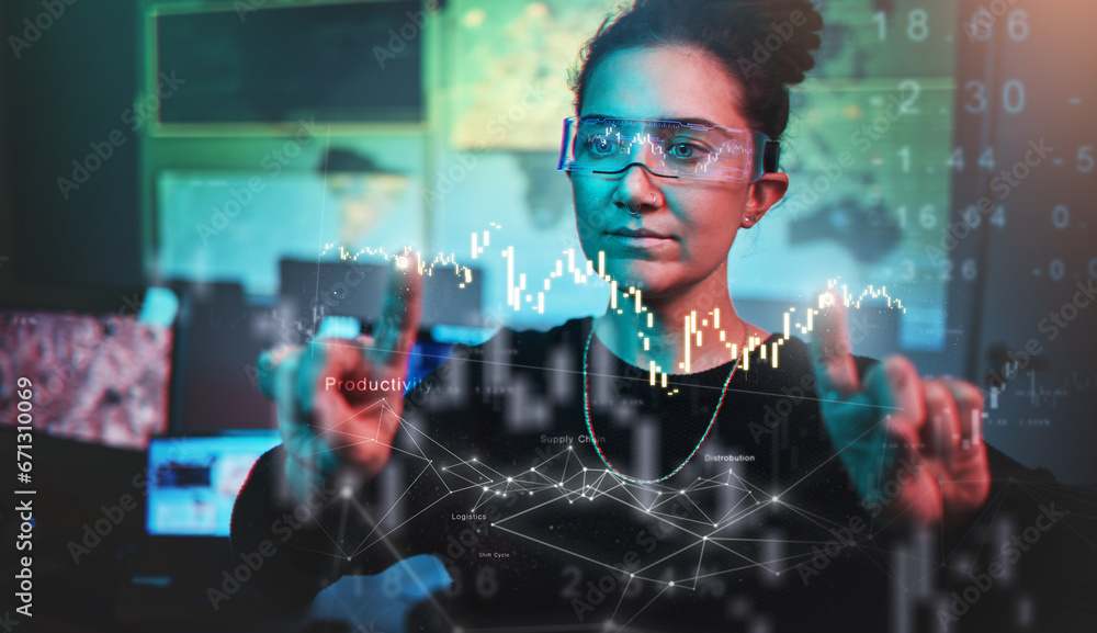 Poster Woman hacking, glasses and cybersecurity, hologram algorithm and code with malware, futuristic technology and iot. Data protection overlay, dashboard and programmer with virtual reality map for info.