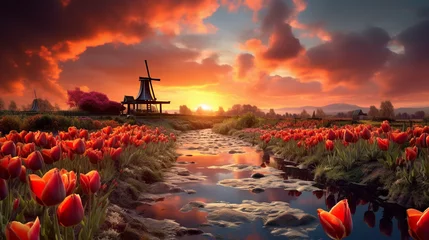 Fotobehang windmill at sunset in spring © Latanya
