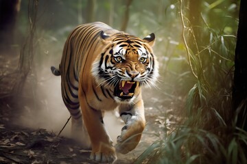 Sumatran tiger walking in the jungle. Wildlife scene from nature. generative AI.