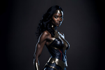 Fototapeta na wymiar Beautiful black woman wearing superhero costume. Powerful amazon warrior princess