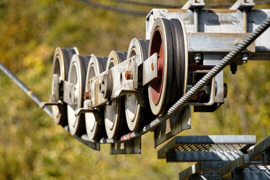 Hokkaido, Japan - October 12, 2023: Pulleys of ski lift in Hokkaido, Japan
