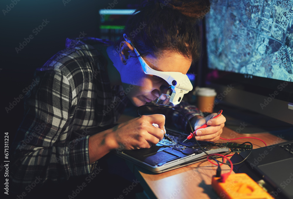 Poster woman, technician and motherboard with circuit, electronics or soldering iron with goggles in labora
