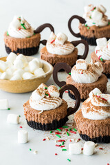 Decorated hot cocoa cheesecake minis with cream and marshmallows.