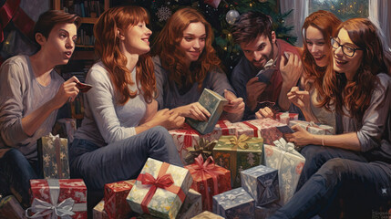 Fototapeta na wymiar A group of friends exchanging Secret Santa gifts.
