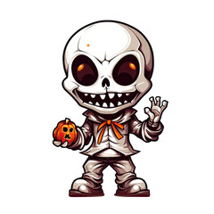 Illustration cute skull design character holding pumpkin AI Generative