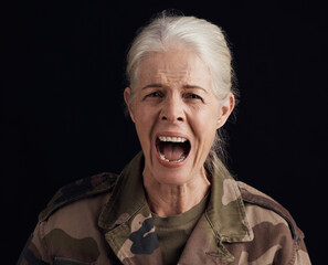 Portrait, shout and senior woman, soldier or Ukraine war hero with PTSD trauma, fear or depression anxiety. Military warrior, schizophrenia or studio face of scared veteran person on black background