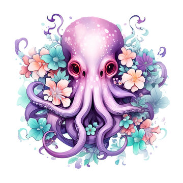 Illustration cute octopus design character with flower AI Generative
