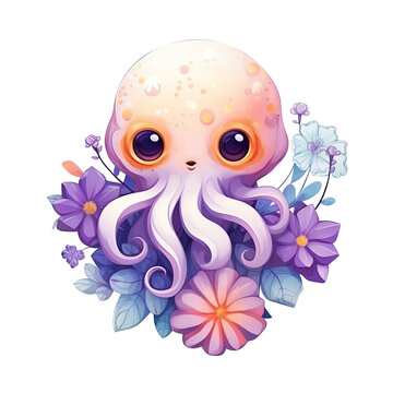 Illustration cute octopus design character with flower AI Generative