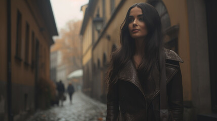 Fototapeta na wymiar A woman travelling through the bak-alley of Prague.