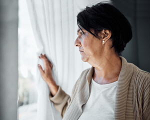 Senior woman, thinking and focus on the window to future, retirement or question life decision,...