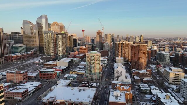 Aerial view of Calgary's beltline neighbourhood on the outskirts of downtown in winter. 
