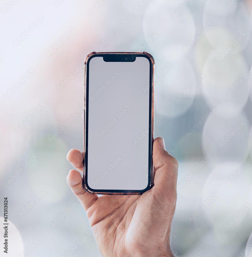 Poster person, hands and phone mockup screen for advertising, social media app or networking space on a bok