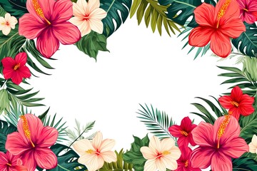 Frame of tropical Hawaiian style flowers and leaves on a white background. Room for text copy.