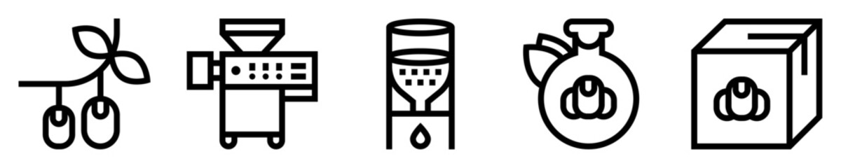 Conjunto de iconos de producción de aceite. Cosecha de aceitunas, extracción de aceite, decantación, filtrado, almacenamiento, envasado, distribución, consumo. Ilustración vectorial