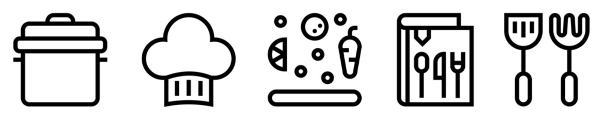 Conjunto de iconos de recetas. Preparación de alimentos. Cacerola, sombrero de chef, Ingredientes, libro y utensilio de cocina. Ilustración vectorial