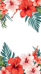 Obraz premium Frame of tropical Hawaiian style flowers and leaves on a white background. Room for text copy.